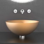 Lavabo di forma sferica prodotto fa Glass Design su progetto di Tonino Lamborghini Rosa Sahara