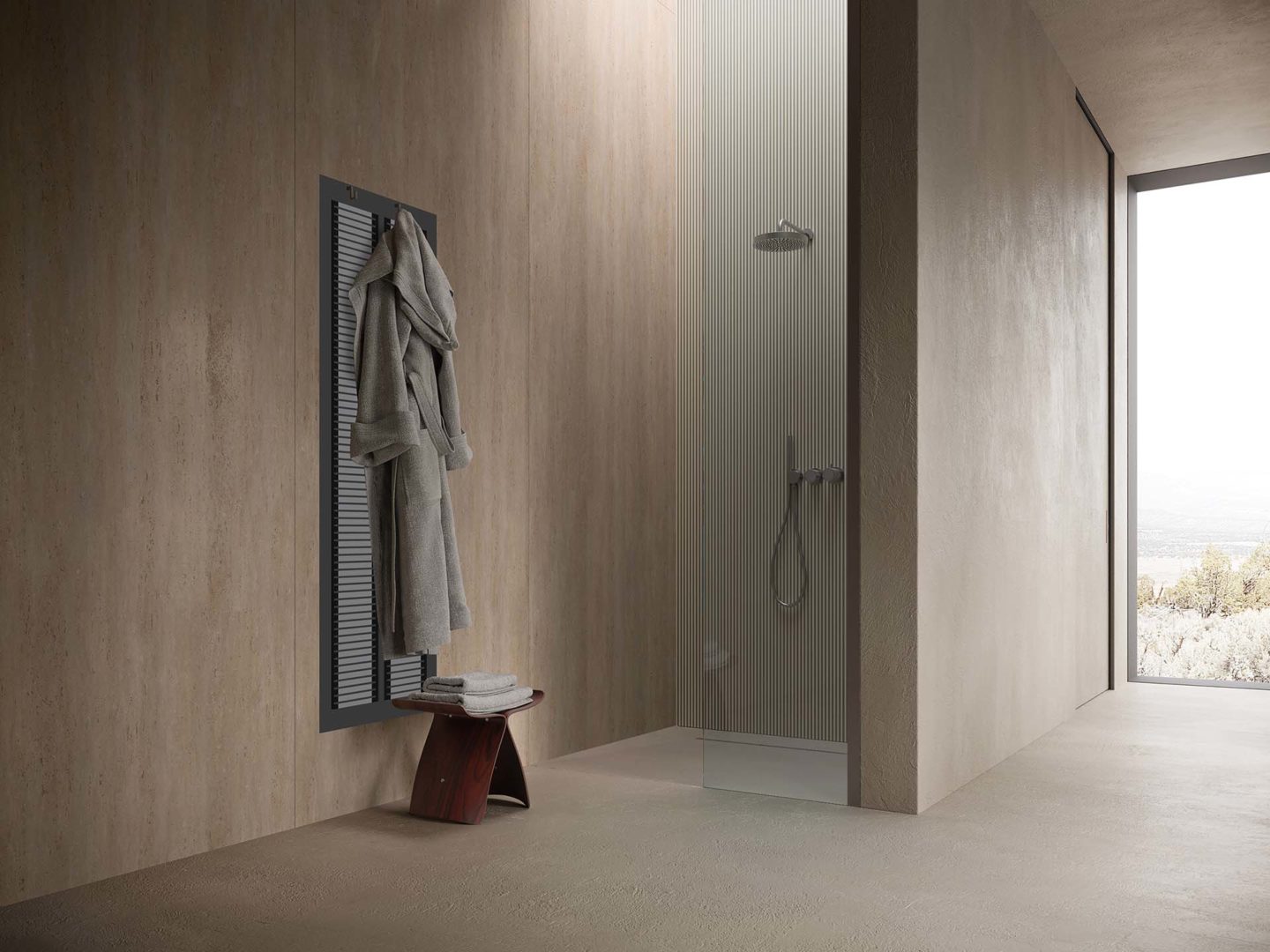 Bagno dove è installato un sistema di riscaldamento radiante elettrico completamente invisibile perché inseritc direttamente in porzioni di parete