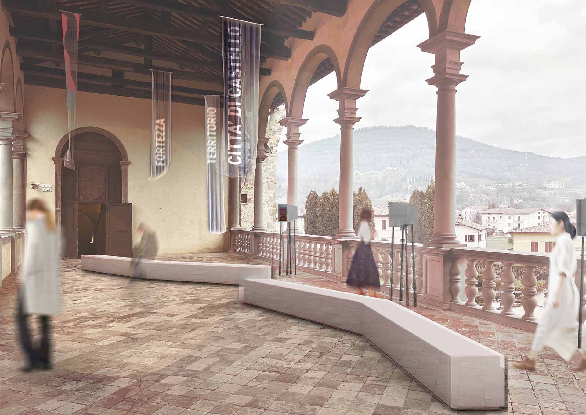 Il loggiato del Castello Bufalini in un render