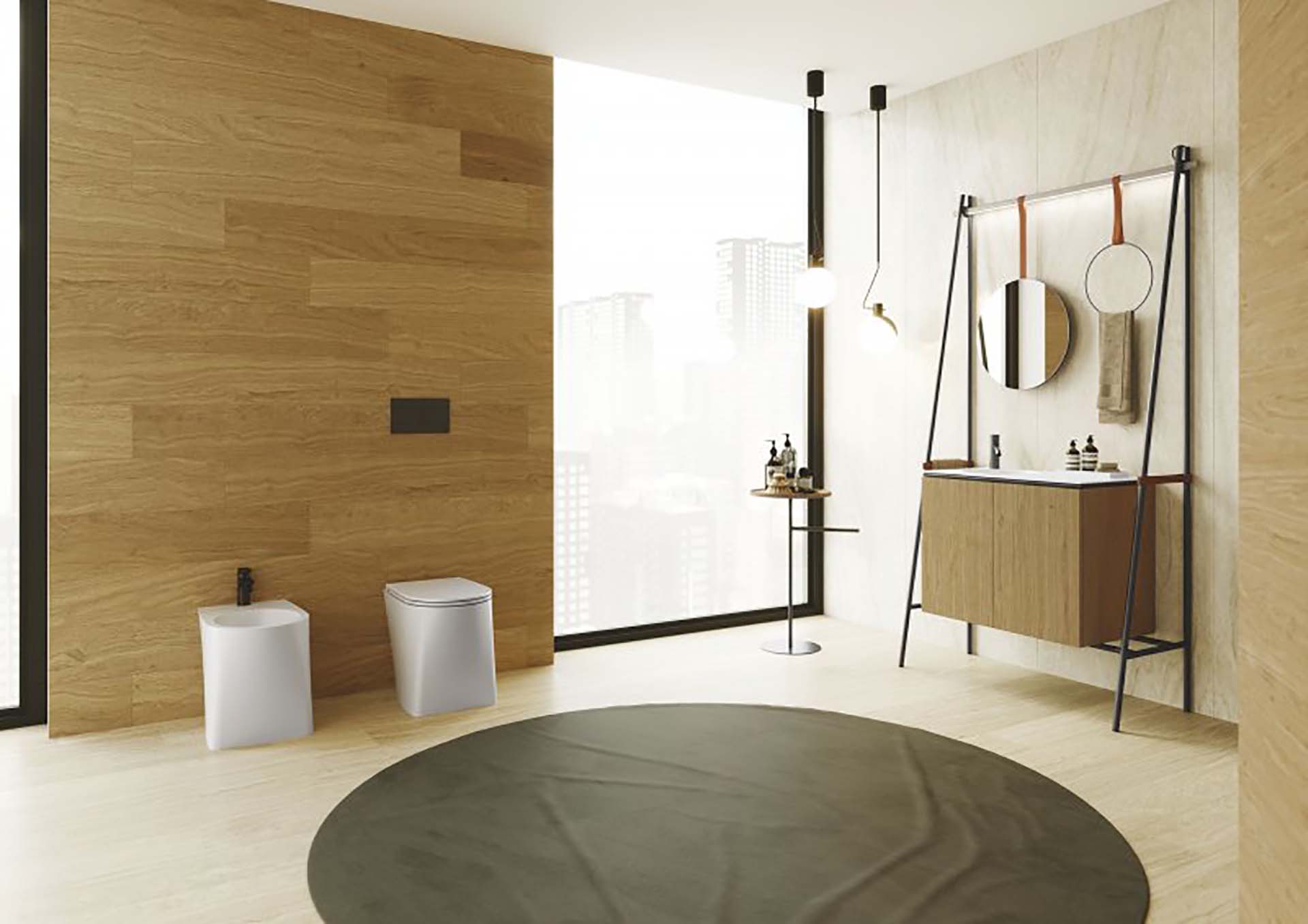 Una composizione della serie bagno altalena con speccio ed accessori appesi ad un asta simile a quella delle altalene