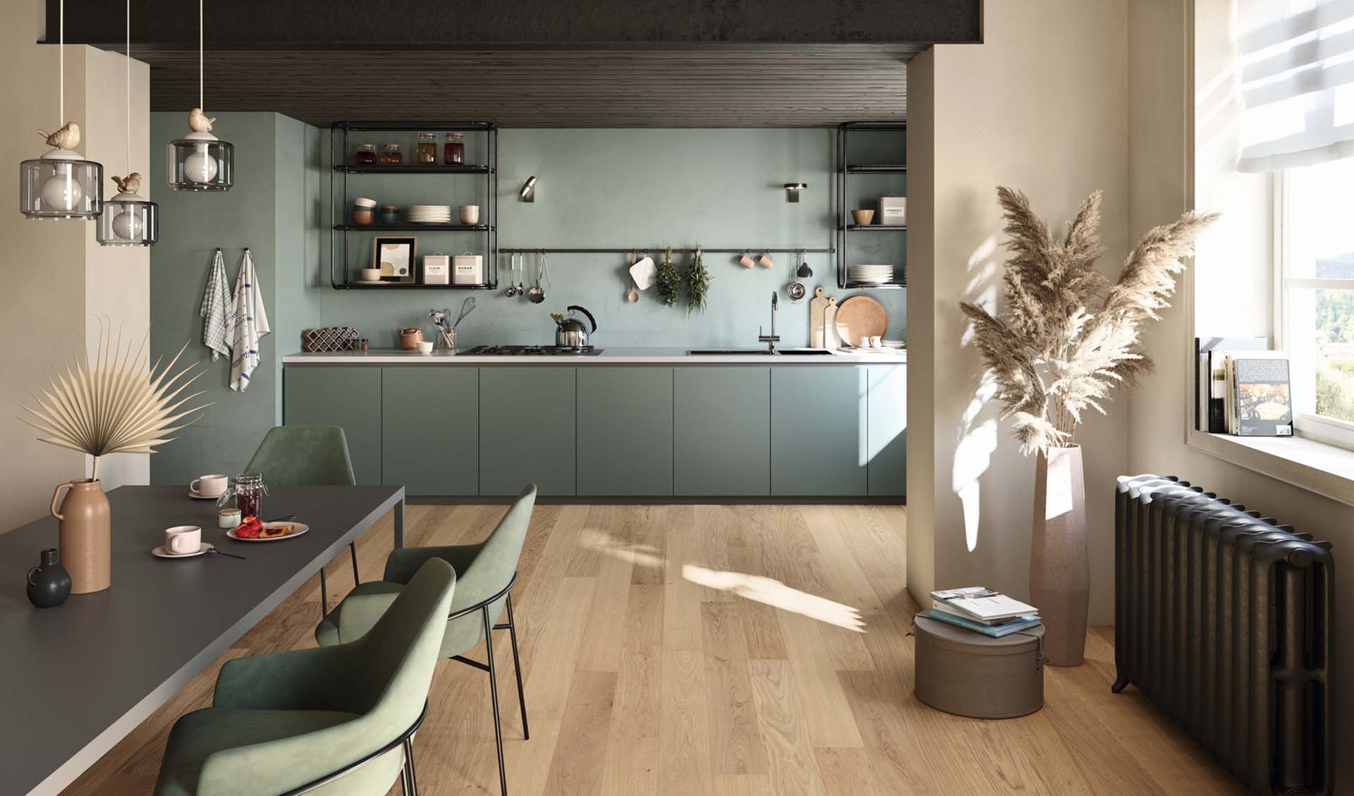 Parquet Dream Woodco rovere chiaro posizionato in cucina e sala da pranzo