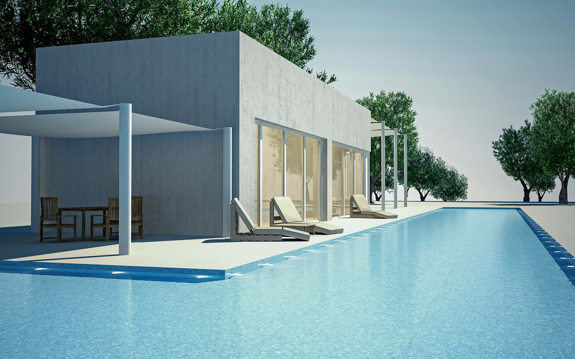 Rivestimnento di un edificio moderno e della piscina su cui si affaccia
