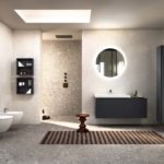 area lavabo - iCon lavabo, Acanto mobile lavabo, contenitore laterale sospeso e mobile colonna finitura lava opaco, Option specchio tondo