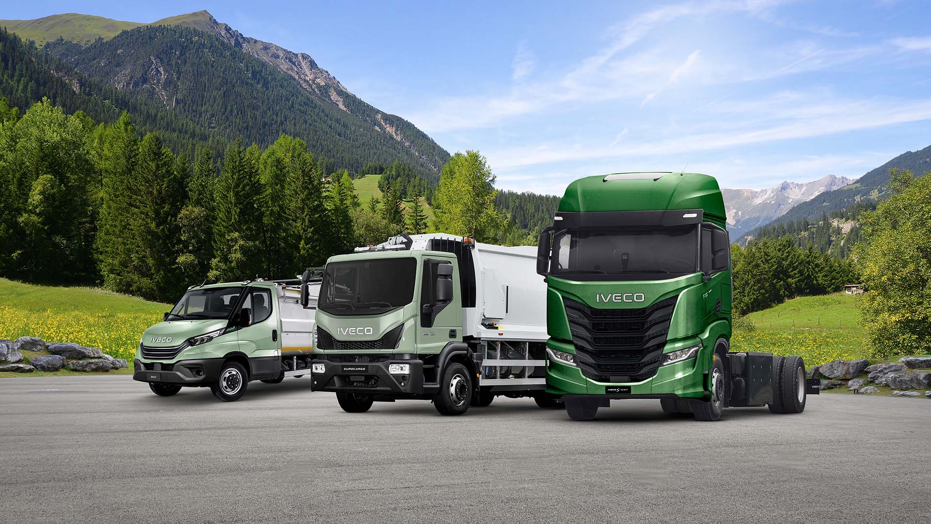 Tre mezzi Iveco di taglie diverse: leggero, medio e pesante