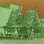 Render di una struttura in legno che aiuta a raffreddare la città