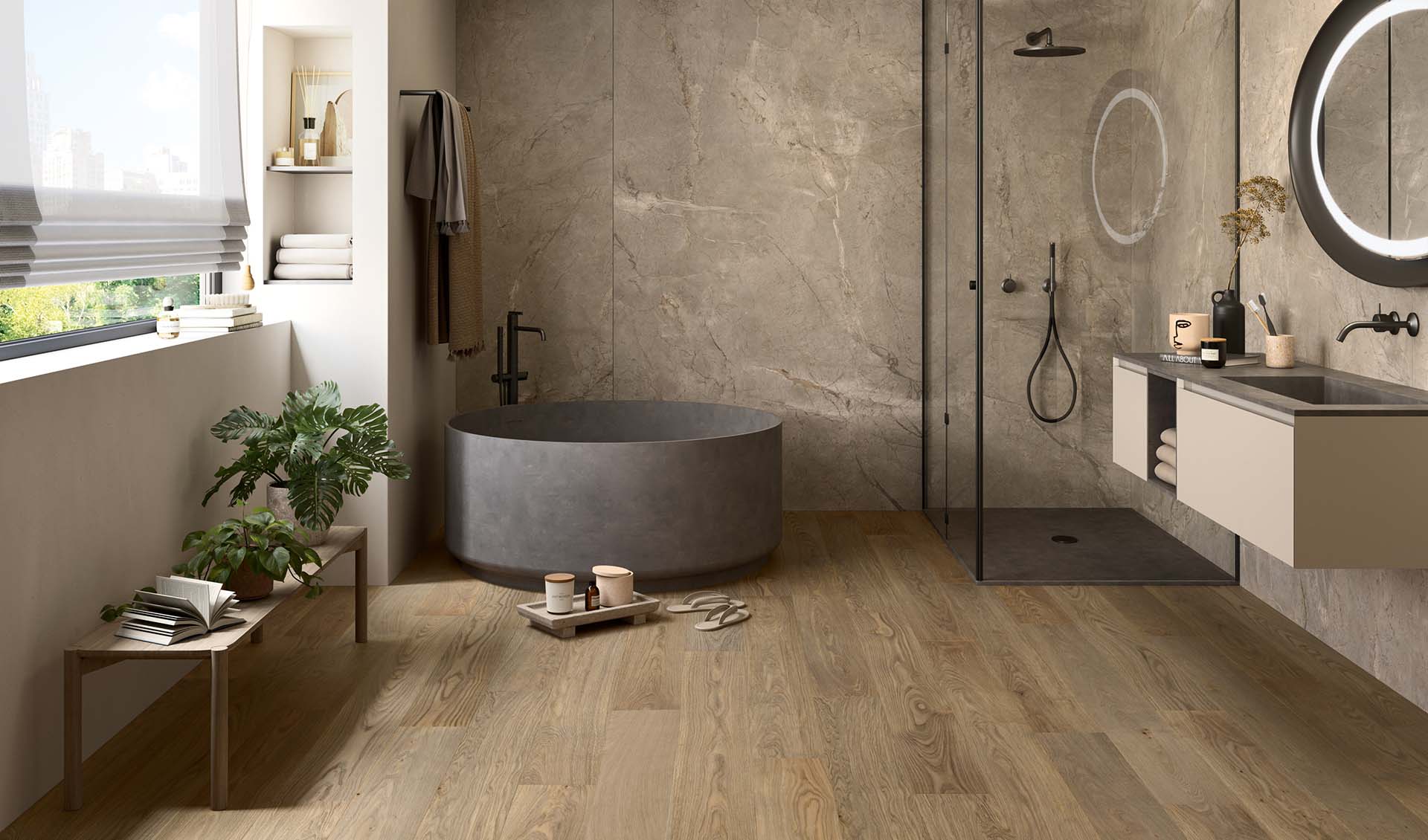 Rovere Selce posato in un bagno moderno e funzionale