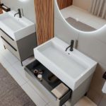 Colavene lavabo in ceramica bianco lucido mobile sospeso 2 cassetti con maniglie visone
