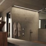 ambientazione doccia sole soffione doccia a soffitto e set doccetta finitura grafite spazzolato