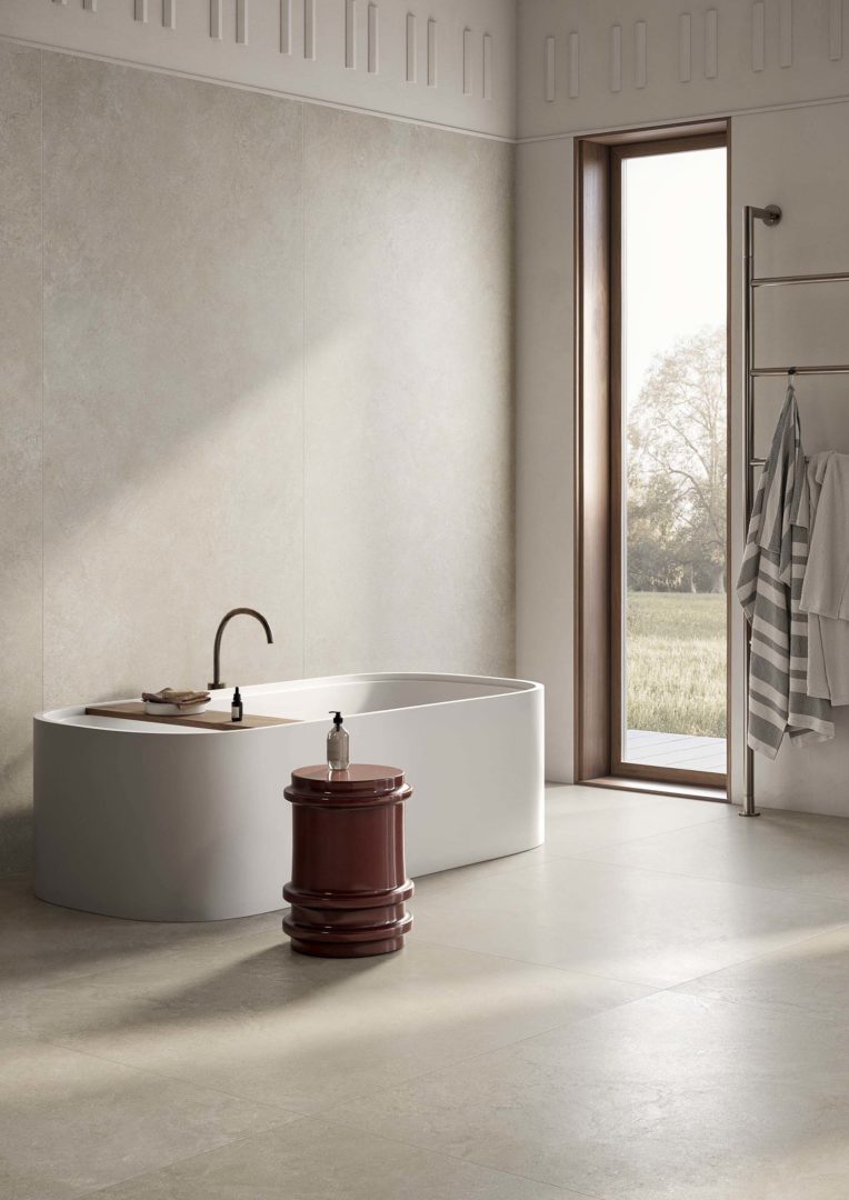 Casalgrande Padana Lithos ambientato bianco 120x278 e 120x120 dettaglio