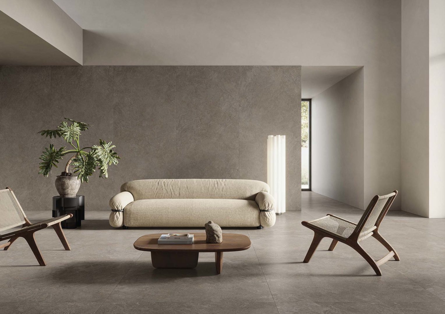 Casalgrande Padana Lithos ambientato taupe 120x120 e 120x278