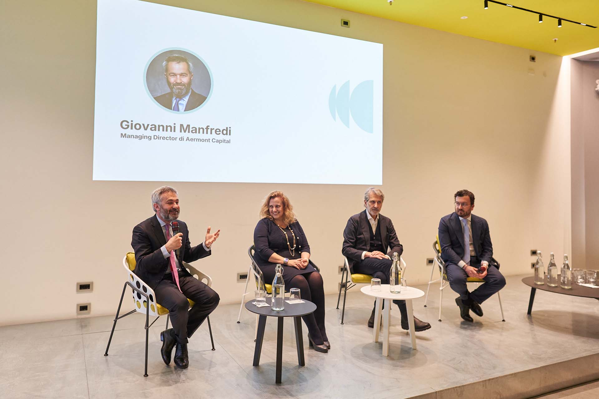Da sinistra a destra Giancarlo Patri (Partner - Head of Investment Management di Kervis SGR), Giancarlo Tancredi (Assessore alla Rigenerazione Urbana del Comune di Milano), Giovanna Iannantuoni (Rettrice dell’Università di Milano-Bicocca) e Giovanni Manfredi (Managing Director di Aermont Capital)