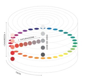 Boero cilindro Cromatico sviluppato dalle tre coordinate di base: tinta, saturazione e chiarezza