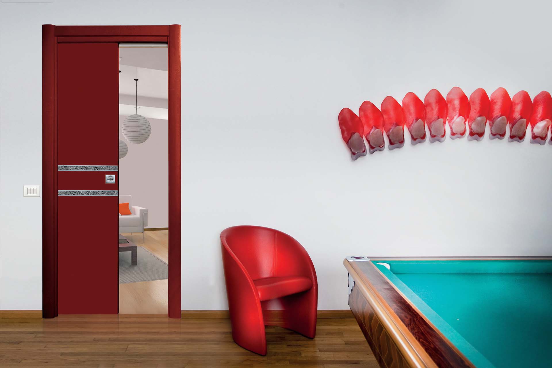 Dierre New Space ad un'anta con porta interna lumire lucido bordeaux e due inserti in pietra black silver
