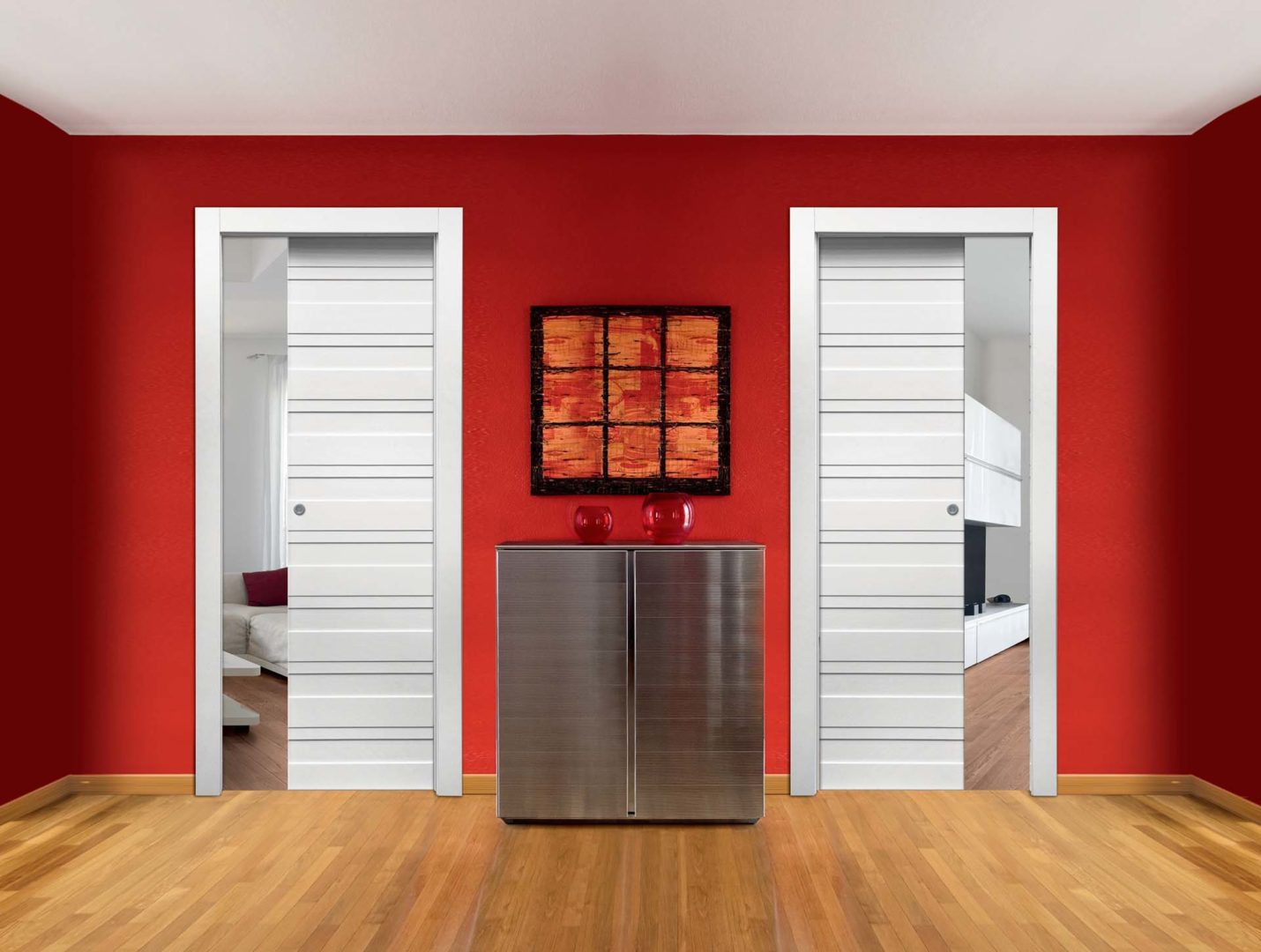 Dierre modello Space duetto con porte interne linear laccate bianco neve con doghe orizzontali