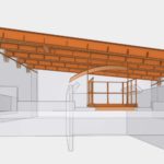 Elemento in ferro integrato nella struttura della copertura della cisterna, caratterizzato da una forma curva e degli intagli geometrici che ricreano visivamente l’aspetto originario della copertura della vasca