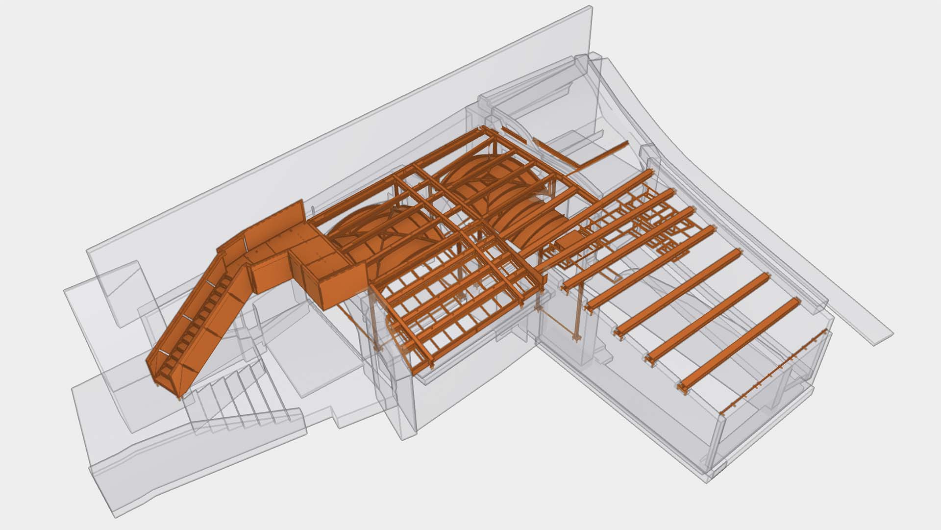 Progetto 3D del recupero dei locali ipogei che ha previsto la realizzazione di volte in acciaio integrate alle preesistenze in pietra