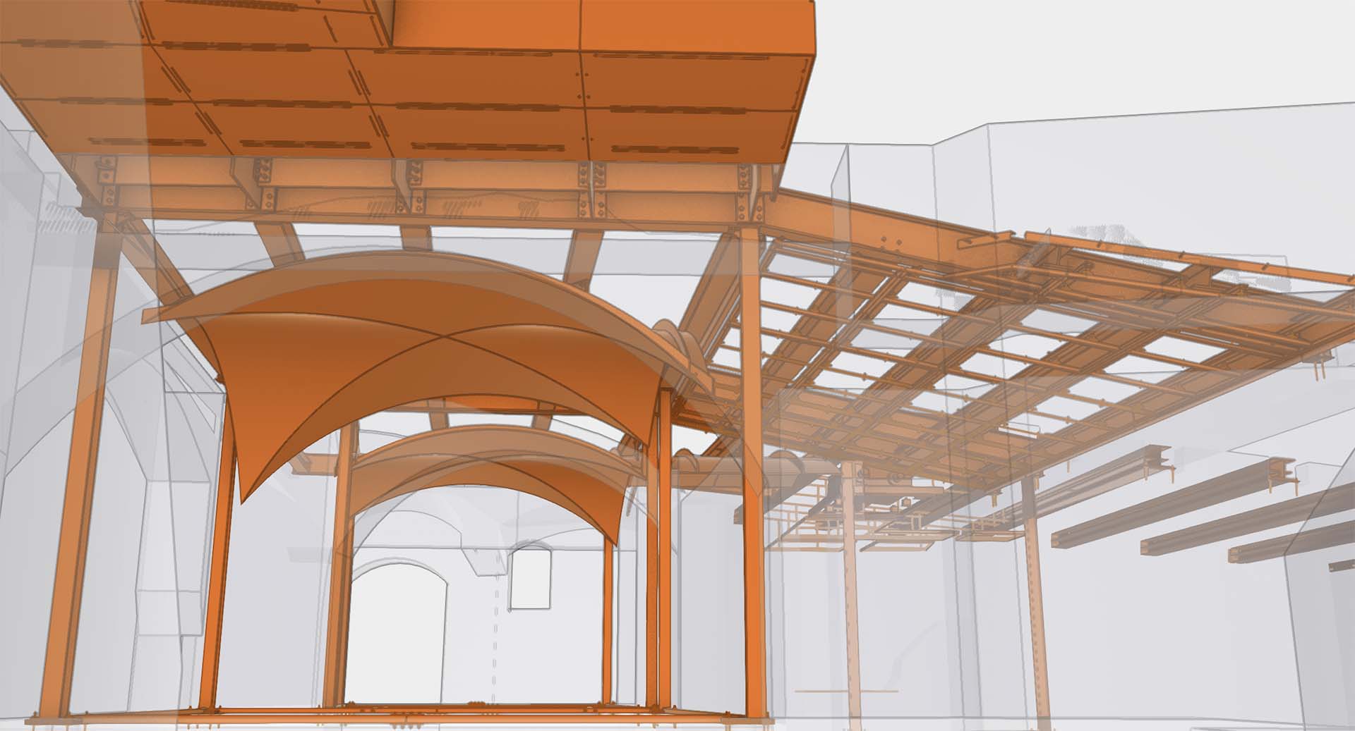 Progetto 3D del recupero dei locali ipogei che ha previsto la realizzazione di volte in acciaio integrate alle preesistenze in pietra