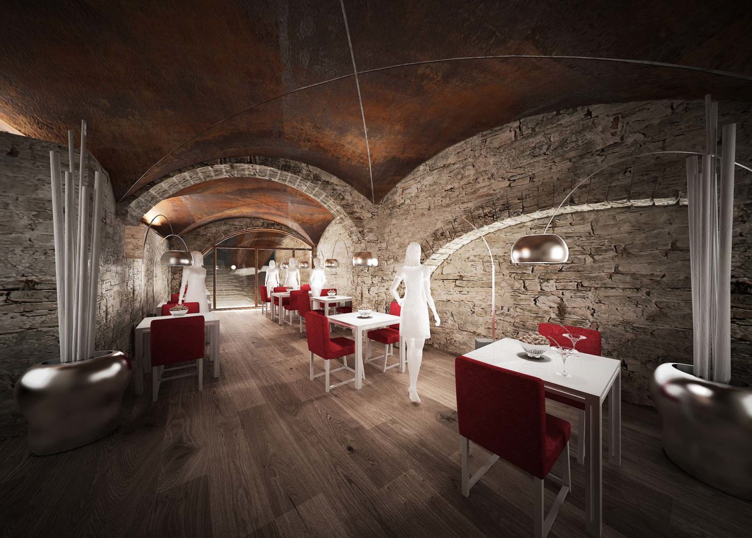 Render del ristorante ricavato nei locali ipogei dell’ex Palazzo Marenzi