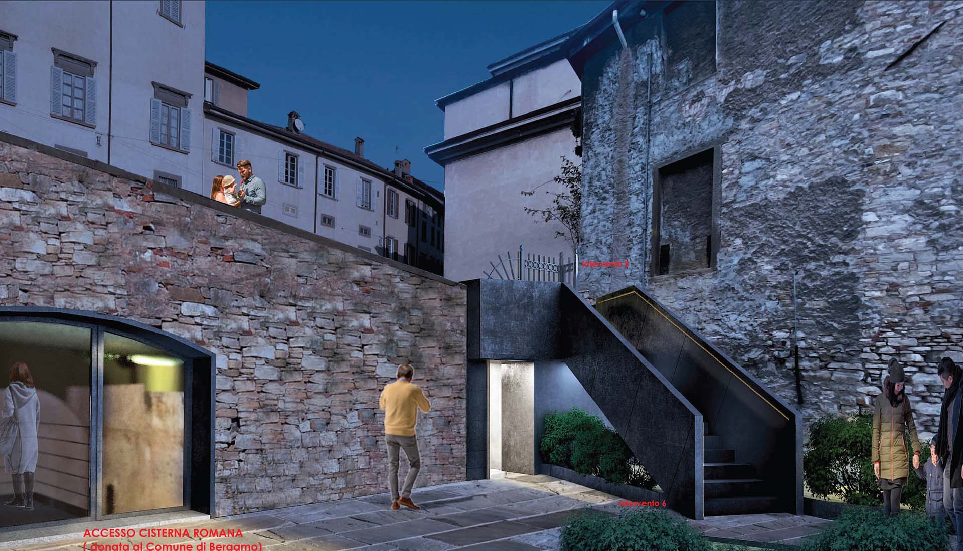 Render dell’intervento 5 (cancello pedonale in ferro battuto quale accesso alla cisterna romana) e dell’intervento 6 (scala con parapetti e gradini in lamiera nera)