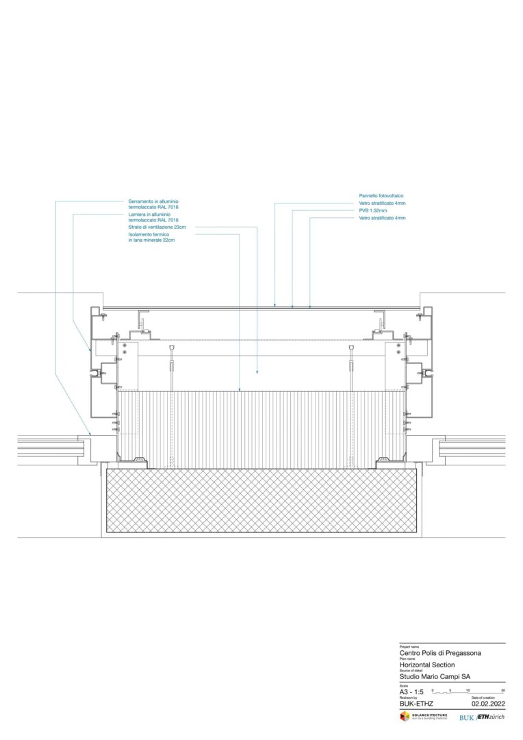 Facciata ventilata fotovoltaica. Centro Polis, Lugano. Sezione orizzontale del sistema costruttivo | ©solarchitecture