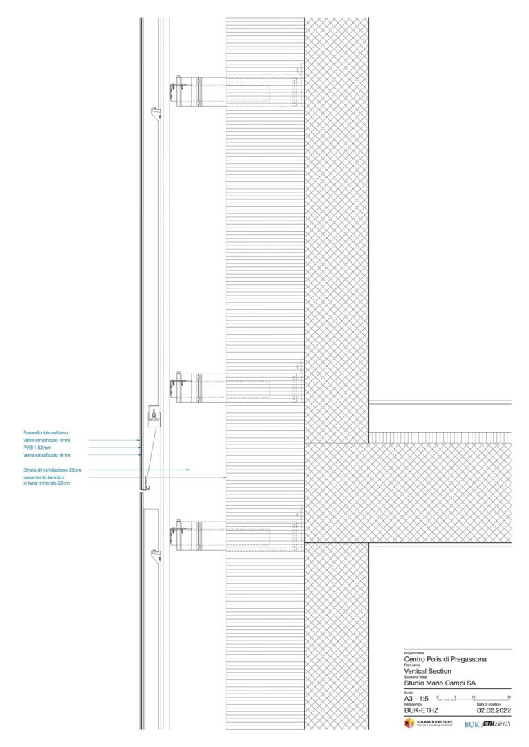 Facciata ventilata fotovoltaica. Centro Polis, Lugano. Sezione verticale del sistema costruttivo | ©solarchitecture