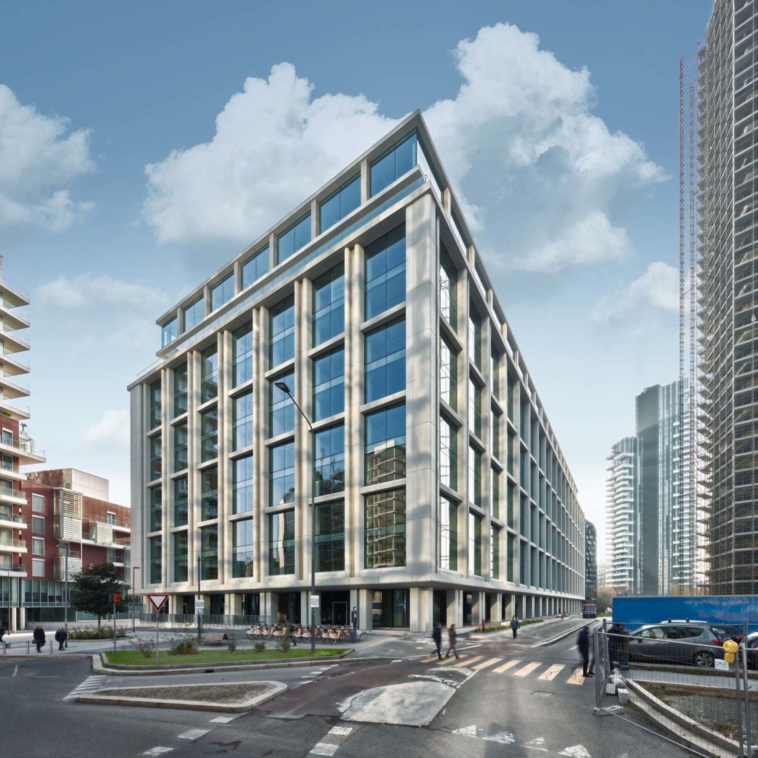 L’edificio Pirelli 35 completato: vista da via Pirelli e piazza Einaudi