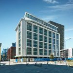 Vista della facciata dell’edificio C da via Pirelli e via Bordoni