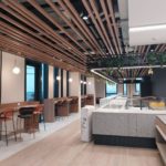 Progetto Cmr | Arredi metallici effetto legno installati nel piano mensa aziendali