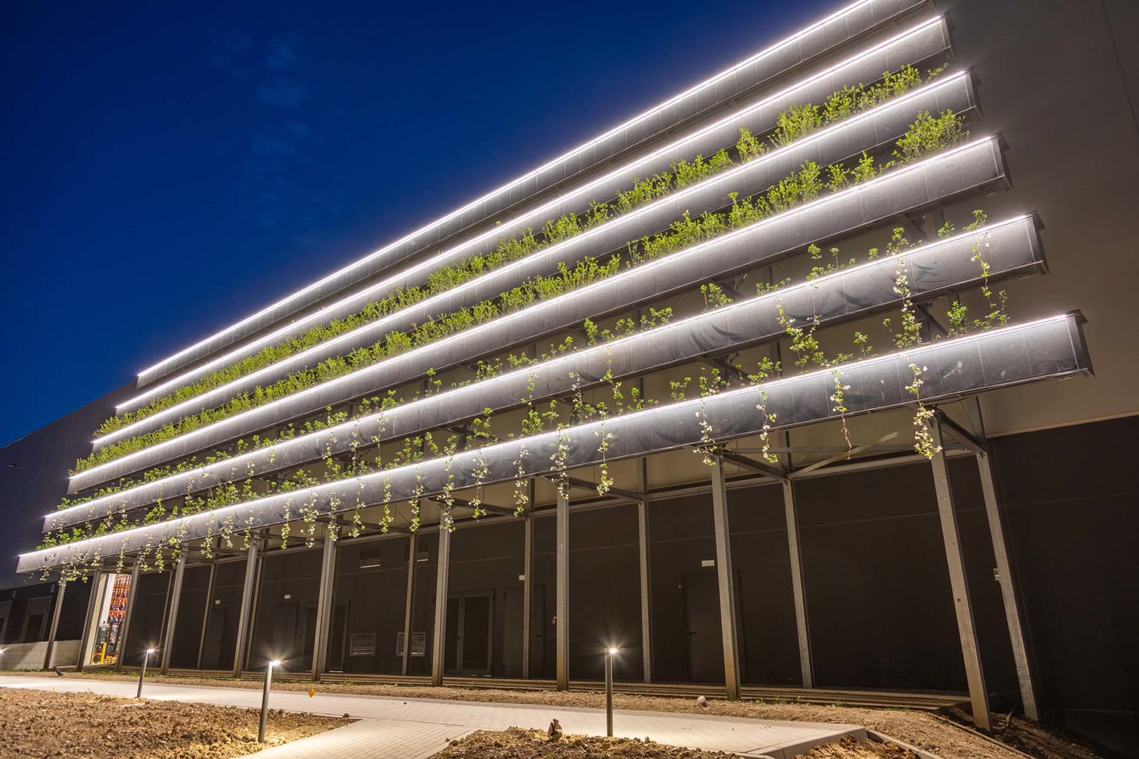 Il green wall dell’edificio è composto di arbusti e piante di medie dimensioni