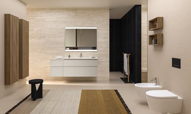 Wc e bidet iCon lavabo One, specchio contenitore One e placca di comando Sigma40