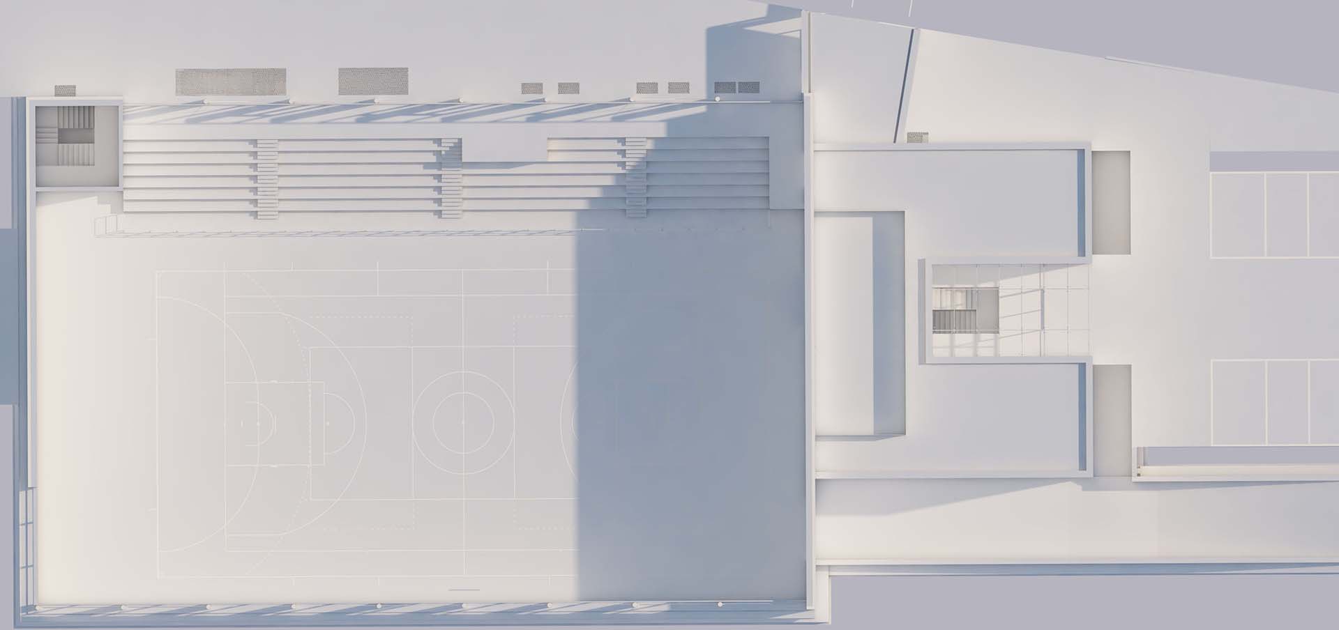 Modellino virtuale: modello bianco, simile a un plastico 3D, realizzato con il motore di render di ArchiCad in modalità usa effetto modello bianco