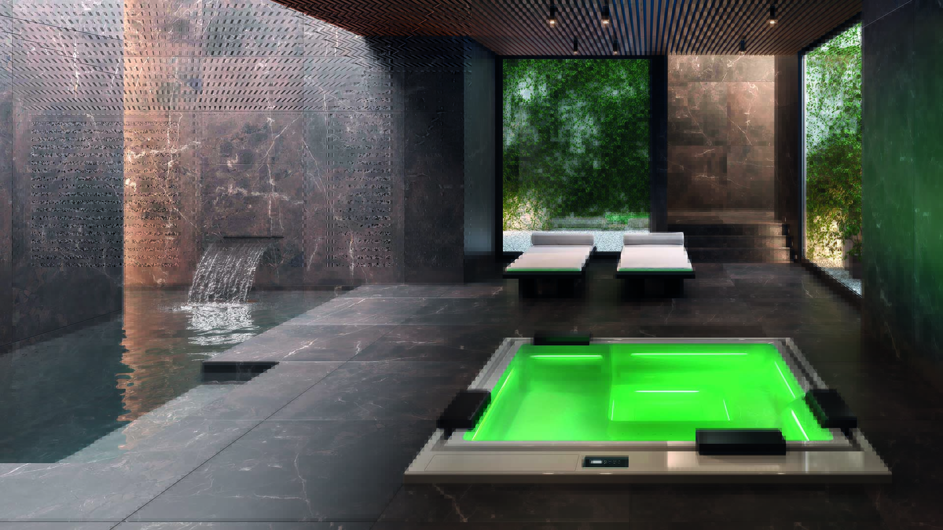 Phantom minipiscina idromassaggio con sistema di bordo a sfioro firmata Marc Sadler per Treesse