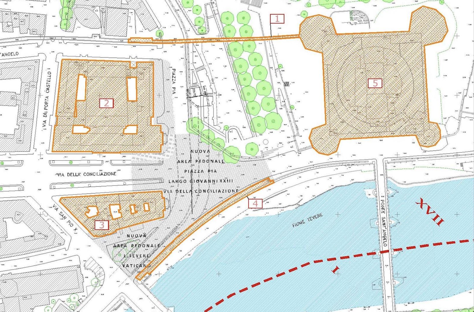 Planimetria con individuazione dei fabbricati potenzialmente interferiti (1. Passetto di Borgo; 2. Ex Palazzo Pio – Auditorium di via della Conciliazione; 3. Edificio di via della Conciliazione, sede dell’Amministrazione del Patrimonio della sede Apostolica; 4. Muraglioni del Tevere; 5. Castel Sant’Angelo)