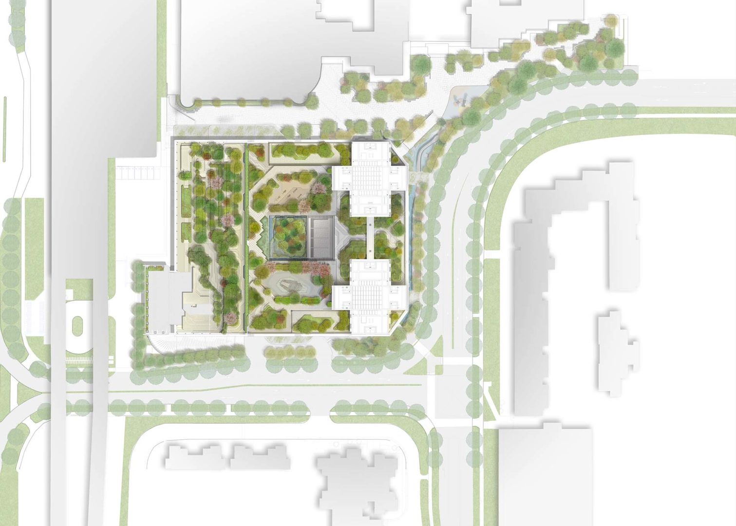 Planimetria del complesso Kampung Admiralty: l’immagine mostra l’organizzazione a terrazze sovrapposte del progetto, con la vegetazione che avvolge i diversi livelli | ©Henning Larsen Architects