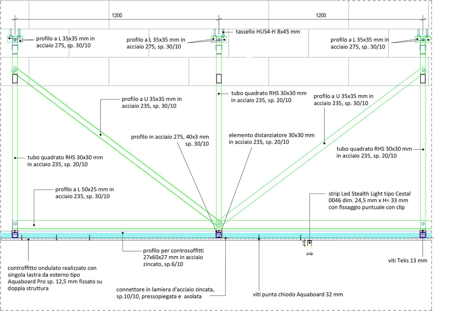 Dettaglio costruttivo del controsoffitto a onda
