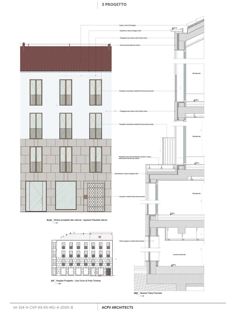 Prospetto e sezione del Gate Central con indicazione dei materiali di finitura