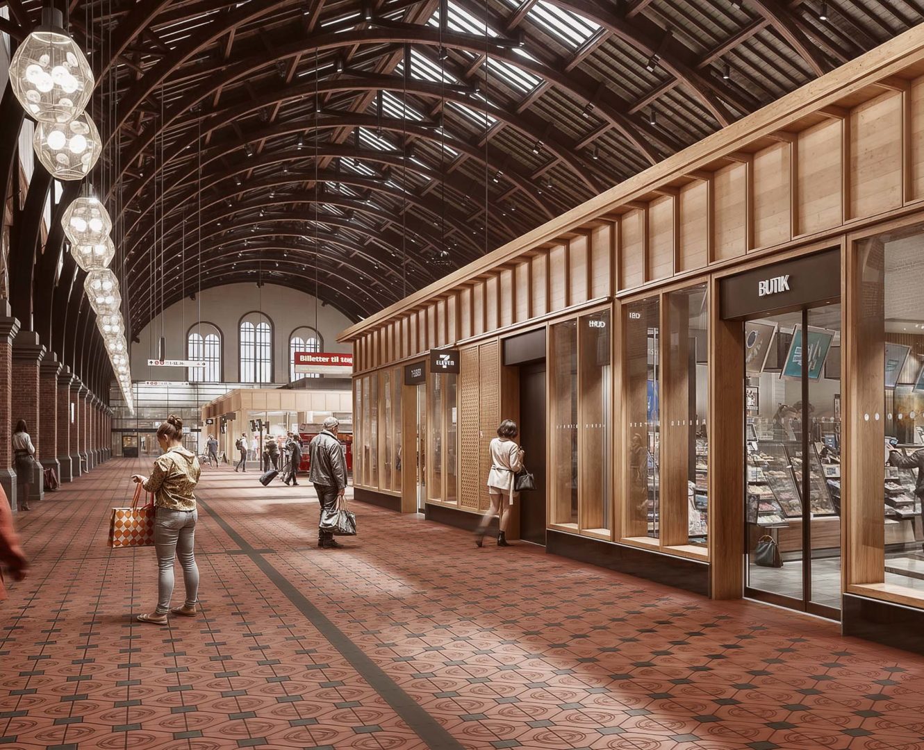 Render della galleria principale. La storia architettonica rivive nelle texture lignee incise con CnC