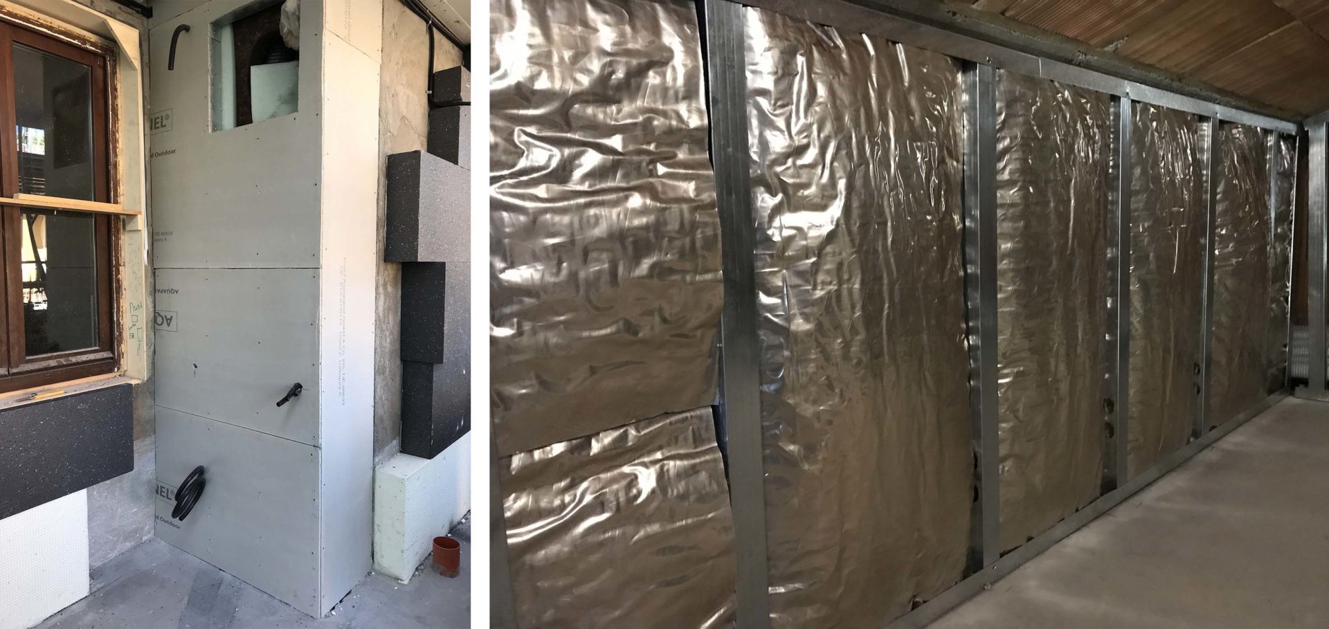 Utilizzo di pannelli preaccoppiati cartongesso + isolante (polistirene, poliuretano, lana di roccia ad alta densità) applicati direttamente in aderenza sulla muratura perimetrale esistente