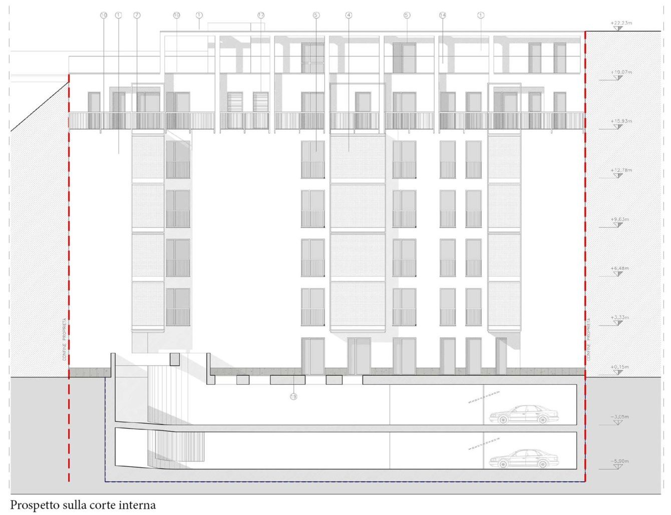 Vista del fronte sul cortile