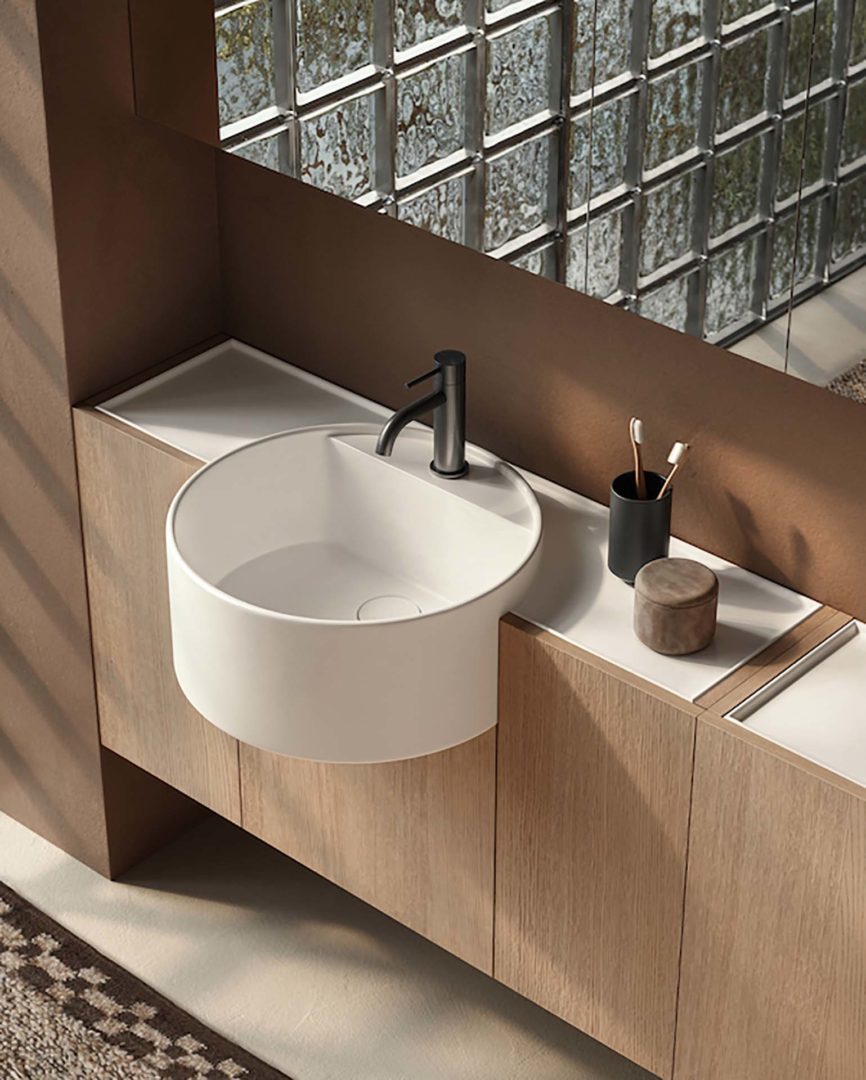Dettaglio del nuovo mobile lavabo Enea di Ceramica Cielo, design Andrea Parisio e Giuseppe Pezzano